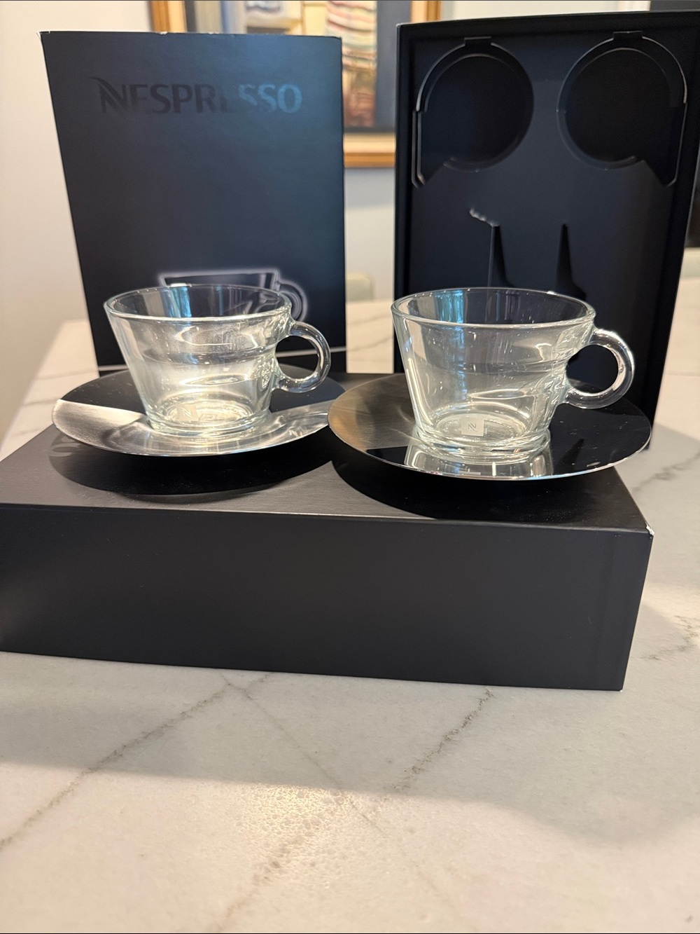 Nespresso Glass Espresso Cup Duo with Metal Saucers NWT